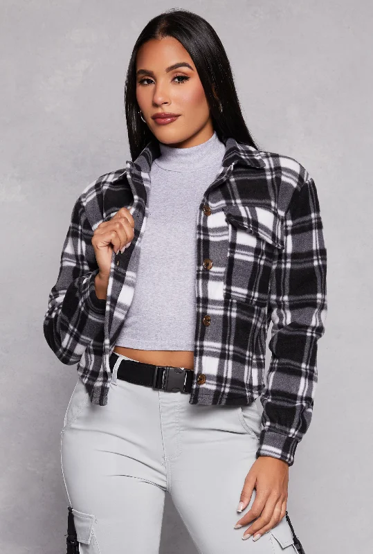 Fleece Plaid Button Front ShacketRainproof Jackets