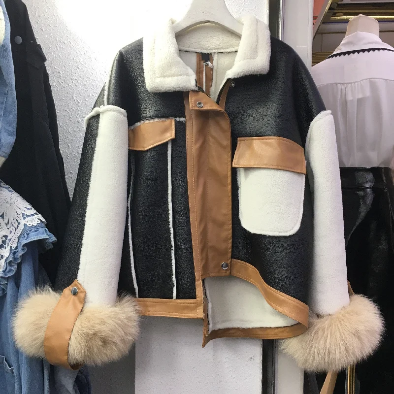 Colorblock Faux Fur Jacket With Fox CuffsBomber Jackets