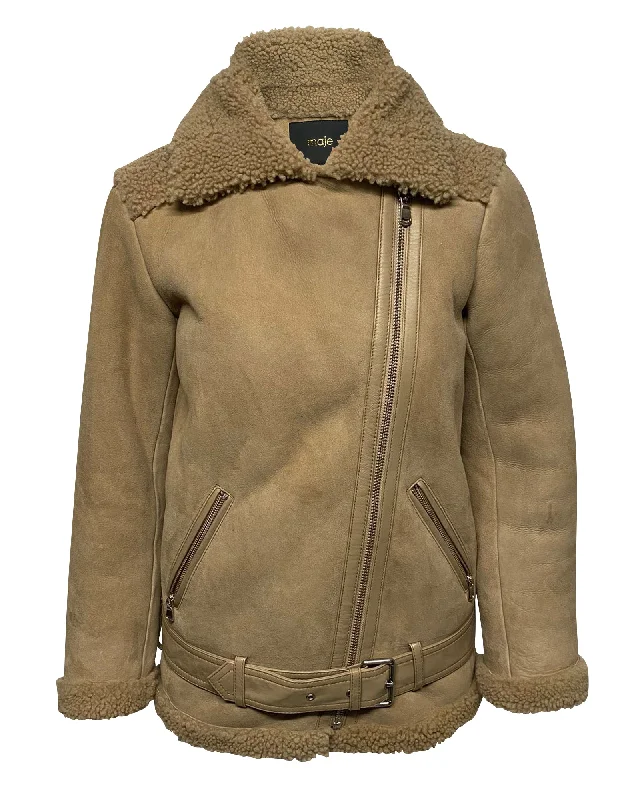 Maje Gombery Shearling Jacket in Beige SuedeMilitary Jackets