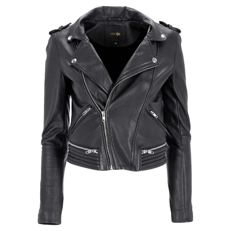 Maje Maya Biker Jacket with Quilt Detail in Black LeatherMotorcycle Jackets