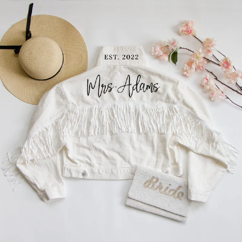 (White Fringe) Personalized White Fringe Jean JacketVelvet Jackets