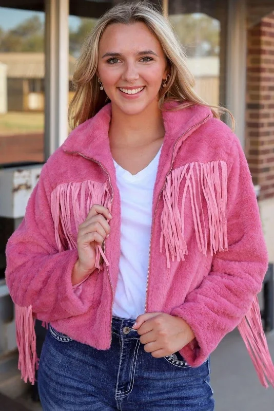 Pink Fringy Fleece JacketLace-Up Jackets