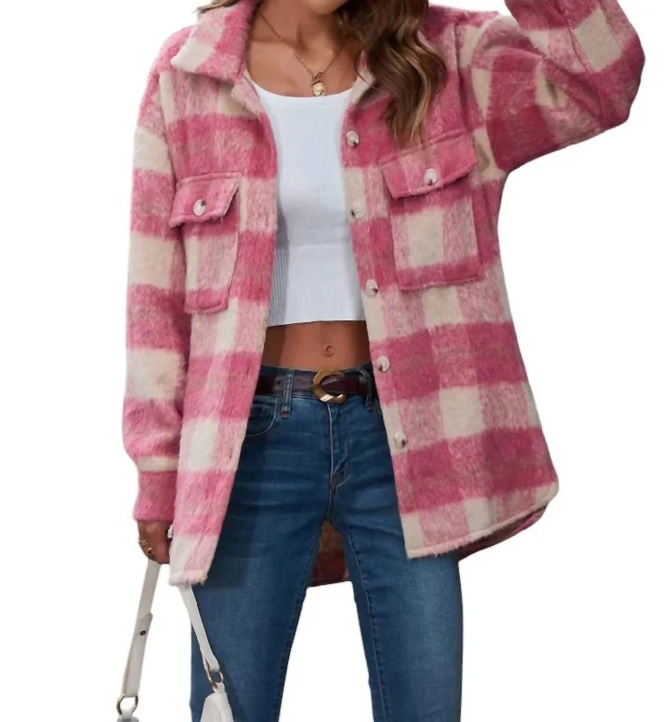 Plaid Fuzzy Shacket In PinkCanvas Jackets