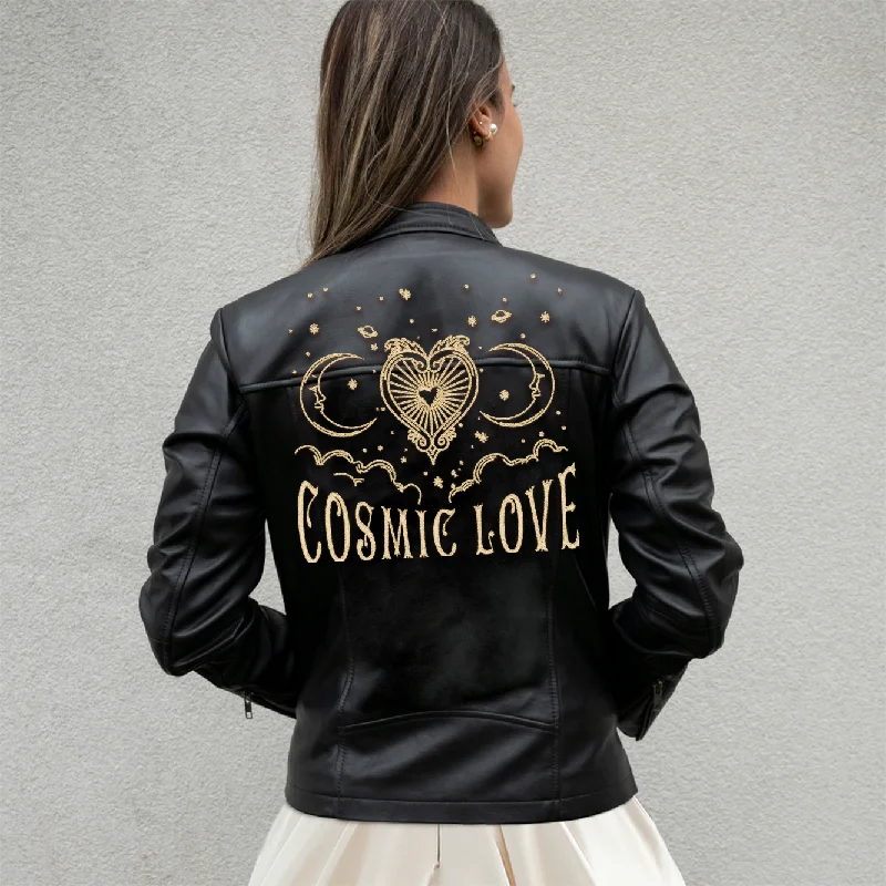 (Real Leather) Embroidered Cosmic Love Leather JacketSequined Jackets