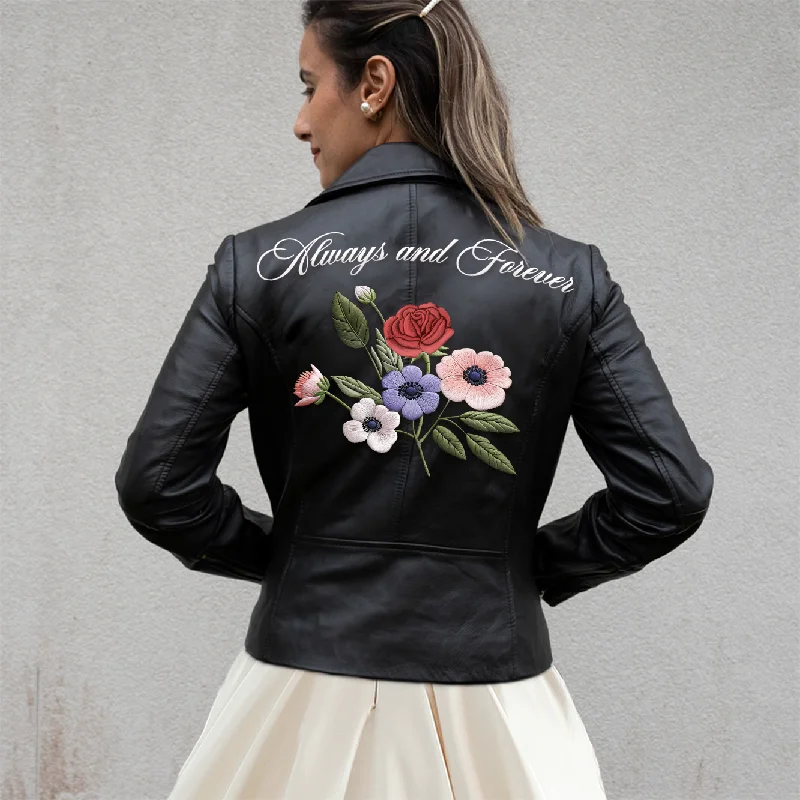 (Real Leather) Embroidered Floral Leather JacketRibbed Cuff Jackets