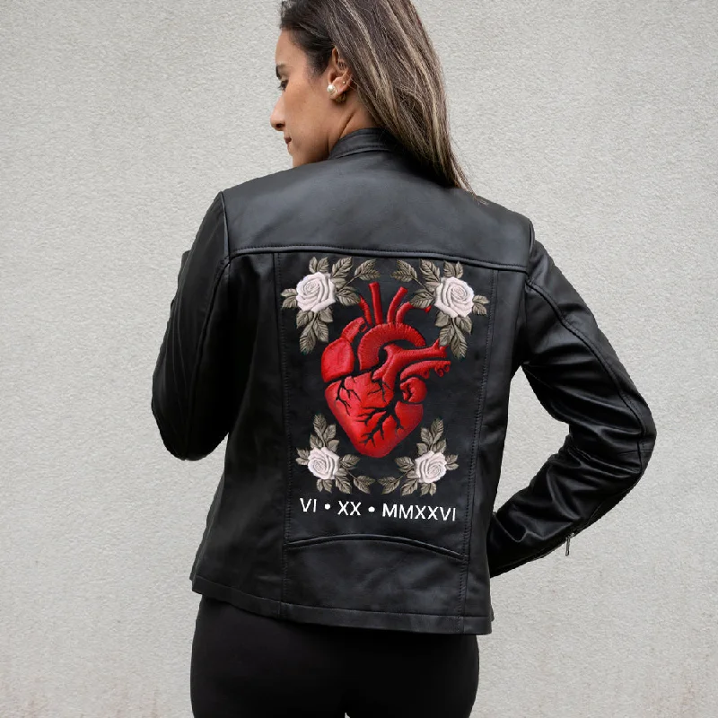 (Real Leather) Embroidered Heart Leather JacketReflective Jackets