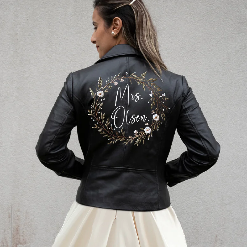 (Real Leather) Embroidered Mrs Leather Jacket for BridesThermal Jackets