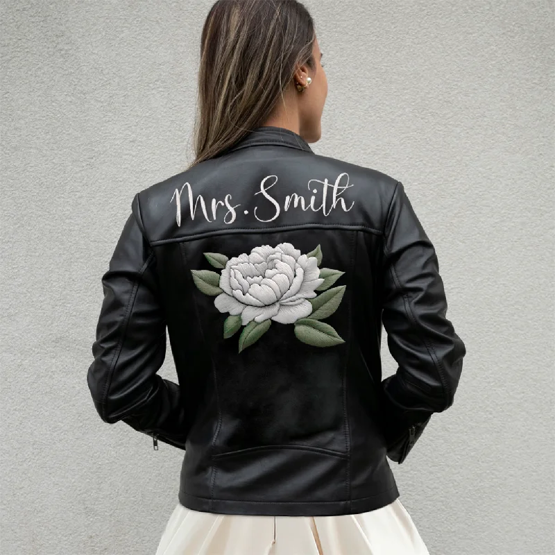 (Real Leather) Embroidered Rose Leather JacketEmbellished Jackets