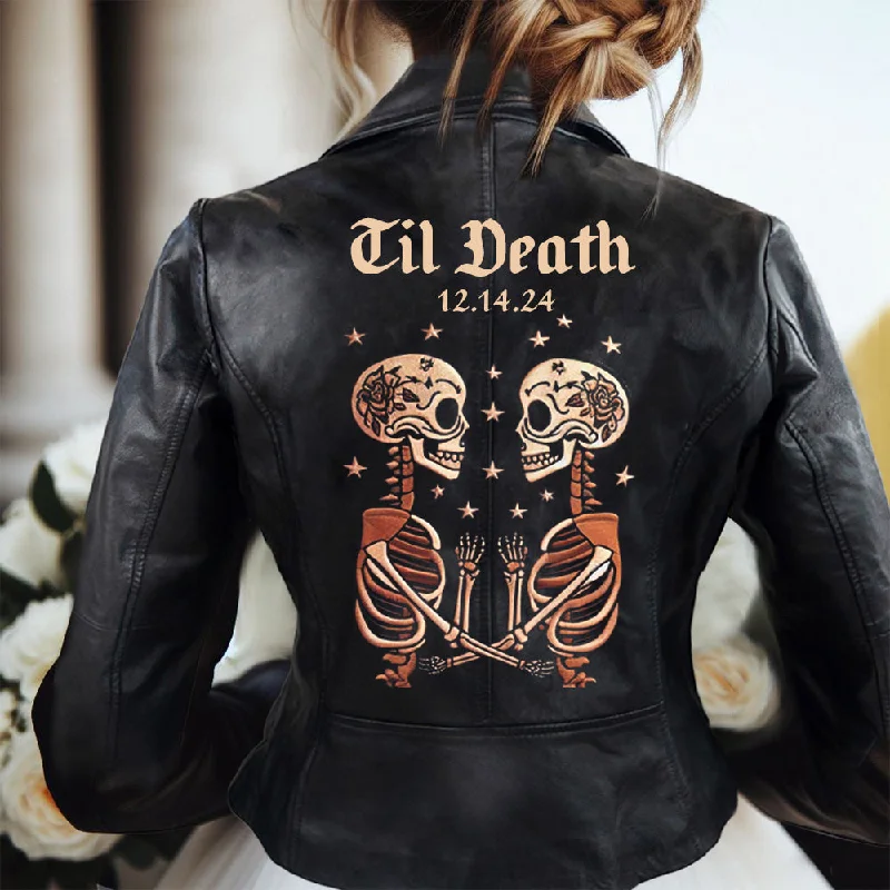 (Real Leather) Skeleton Couple Embroidery Leather JacketPolyester Jackets