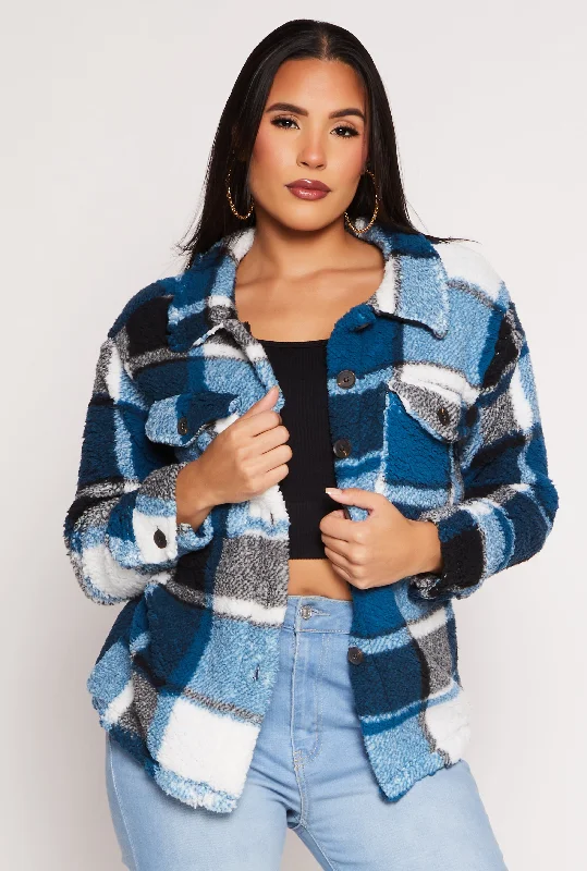 Plaid Sherpa Button Front ShacketWaterproof Jackets