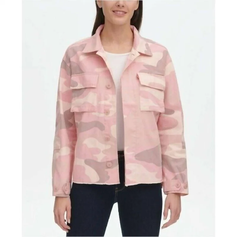 Two Pocket Camo Print Utility Jacket In PinkHooded Jackets