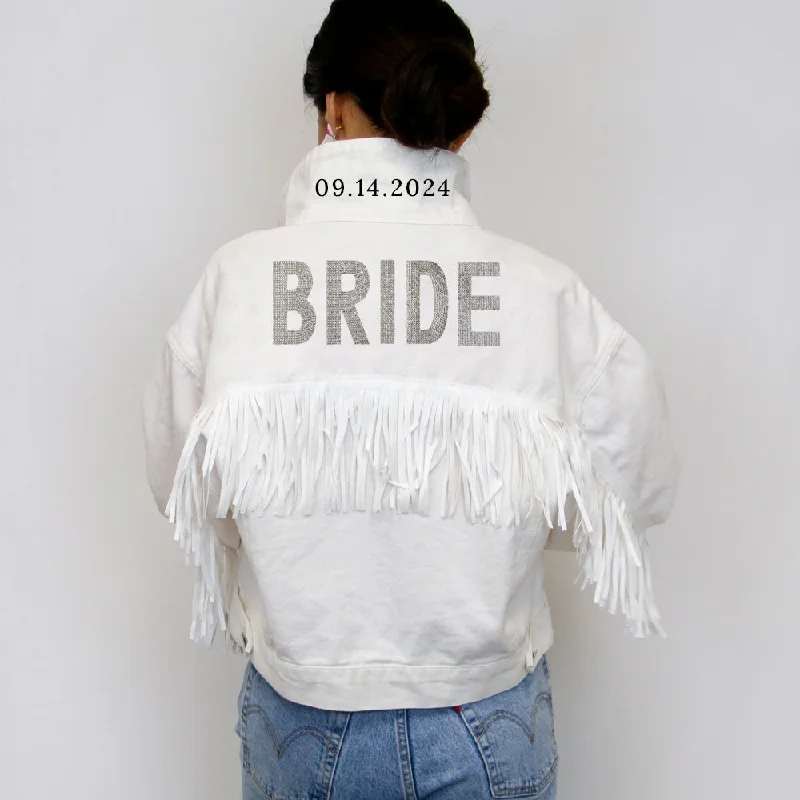 (White Fringe) Bride Rhinestone Patch Jean JacketTravel Jackets