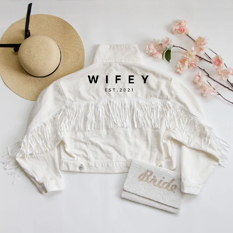 (White Fringe) Wifey White Fringe Jean JacketRuffled Jackets