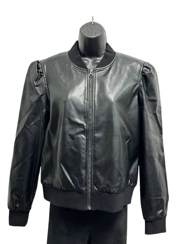 Women's Zip Up Faux Leather Bomber Jacket In BlackBeaded Jackets